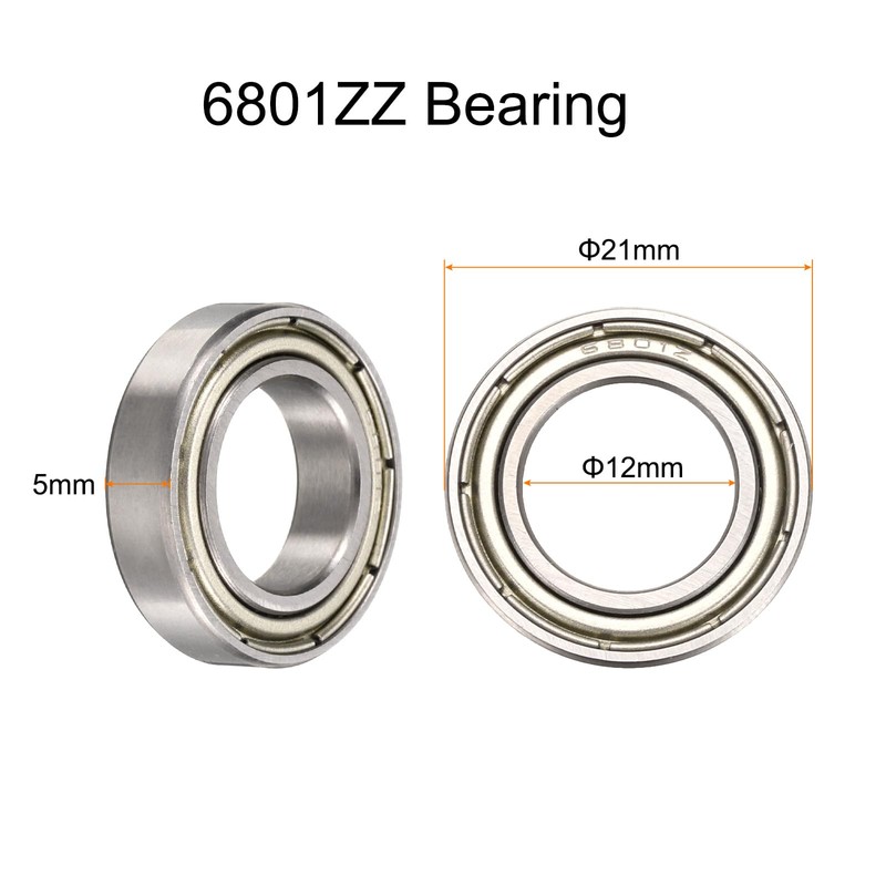 uxcell 2pcs 6801ZZ Bearing 12x21x5mm, Chrome Steel Double Shielded Precision