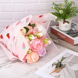 20 Sheets Flower Wrapping Paper, Matte Florist Strawberry Flower Bouquet Wrapping Paper With Ribbon, Pink Paper Floral Wrapping Paper for Bouquets, Gift Wrapping Paper Birthday Girl Wedding Graduation