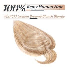 Benehair Remy Human Hair Toppers for Women with Bangs 150% Density Hand Made Silk Base Clip in Hair Pieces for Women with Slight Hair Loss Thinning Hair -10 Inch Golden Brown&Bleach Blonde