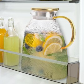 Hedume Fridge Door Water Pitcher, 1.8 Liter/60oz Gold Lid, High Borosilicate Glass Leakproof Ice Tea Pitcher for Hot or Cold Beverage