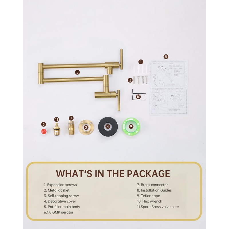 Fransiton Brushed Gold Pot Filler, Pot Filler Faucet Wall Mount,