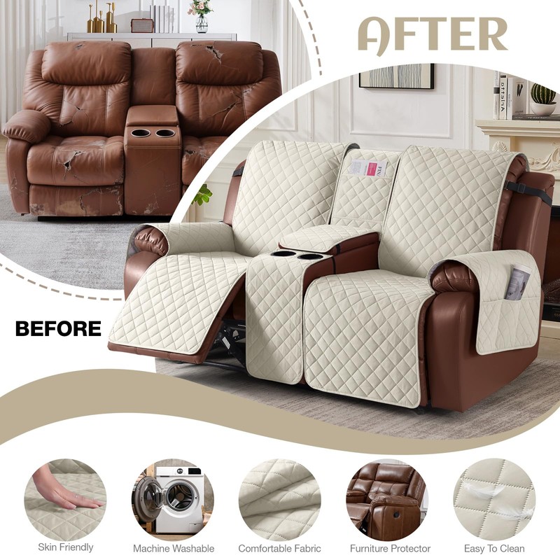 KinCam 100% Waterproof Loveseat Recliner Cover with Console, Non-Slip Reclining