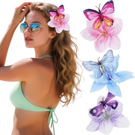 Hawaiian Flower Hair Clips for Women - 3 PCS Artificial Tropical Lily Floral Hairpin with Butterfly Hawaii Flower Barrettes for Summer Beach Party Hair Accessories Seaside Holiday Headdress