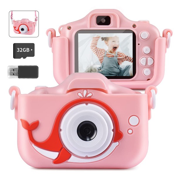 Children's Camera, Kids Camera, Front and Rear 4,800 W Pixels, 2.0 Inch IPS Screen, Digital Camera for Children, 1080P HD, Selfie, 32 GB Memory Card, USB Charging, 8x Zoom, Timer, Easy Operation, Toy Camera, Girls, Boys, Children's Day, Birthday, New Yea