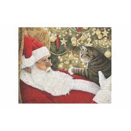 A Rare Breed Cat Christmas Card - 'Best Present' UK Made Xmas Scene with Santa and a Tabby in a Homely Scene. Seasonal Greeting Cards Printed Inside. Recyclable.