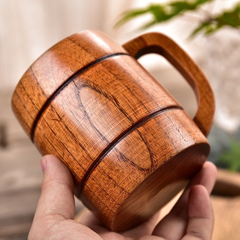 Wooden Beer Mug with Handle 300ml Prevent Scald Carved Drinkware