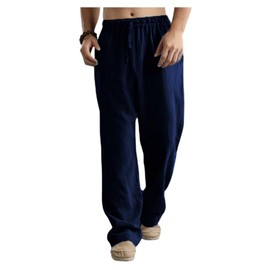 Casual Pants for Men Pantalones De Lino para Hombres Lightweight Pants for Summer Mens Khaki Pants Black Sweatpants Tall Linen Pants Elastic Waist Pants Men Pantalones De Lino(Navy,L)