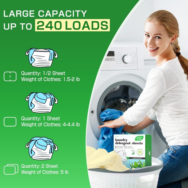 Soulink Laundry Detergent Sheets Unscented 240 Loads，Eco Friendly Detergent Sheets