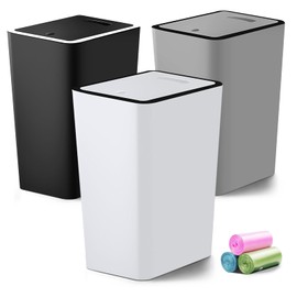 Small Trash Can, 3 Pack 4 Gallons Bathroom Garbage Can with Lid Press-Top, Small Waste Basket with Trash Bags, Slim Plastic Garbage Bin for Dorm, Office, Bedroom, Kitchen, Living Room (Multi)
