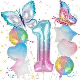OSDUE 11 PCS Butterfly Birthday Decorations, Butterfly Foil Balloons Butterfly Party Supplies, Birthday Decorations for Girls Happy Birthday Balloons, Butterfly Star Heart Shape Balloons (Number 1)