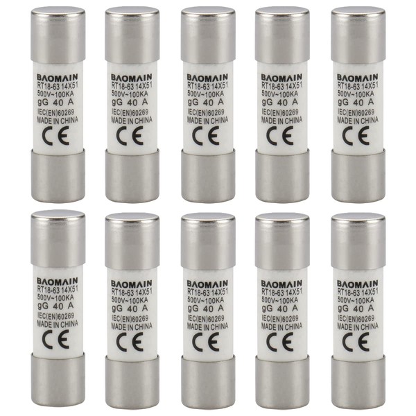 Baomain Fuse Link RT18-63 (RO16 RT14 RT19) 40A Cylindrical Ceramic Tube 14x51mm 500V CE listed 10 Pack