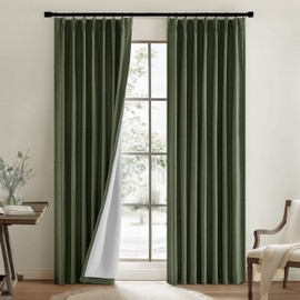 MIULEE Olive Green Pinch Pleated 100% Blackout Linen Curtains 96 Inch Length 2 Panels Set, Dark Green Pleat Curtains with Pin Hooks, Black Out Room Darkening Drapes for Bedroom Living Room Window