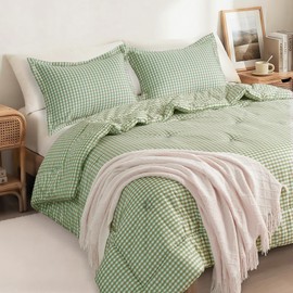 SunNewt Full Comforter Set, Fluffy Green Gingham Plaid Bedding, 3 Pieces