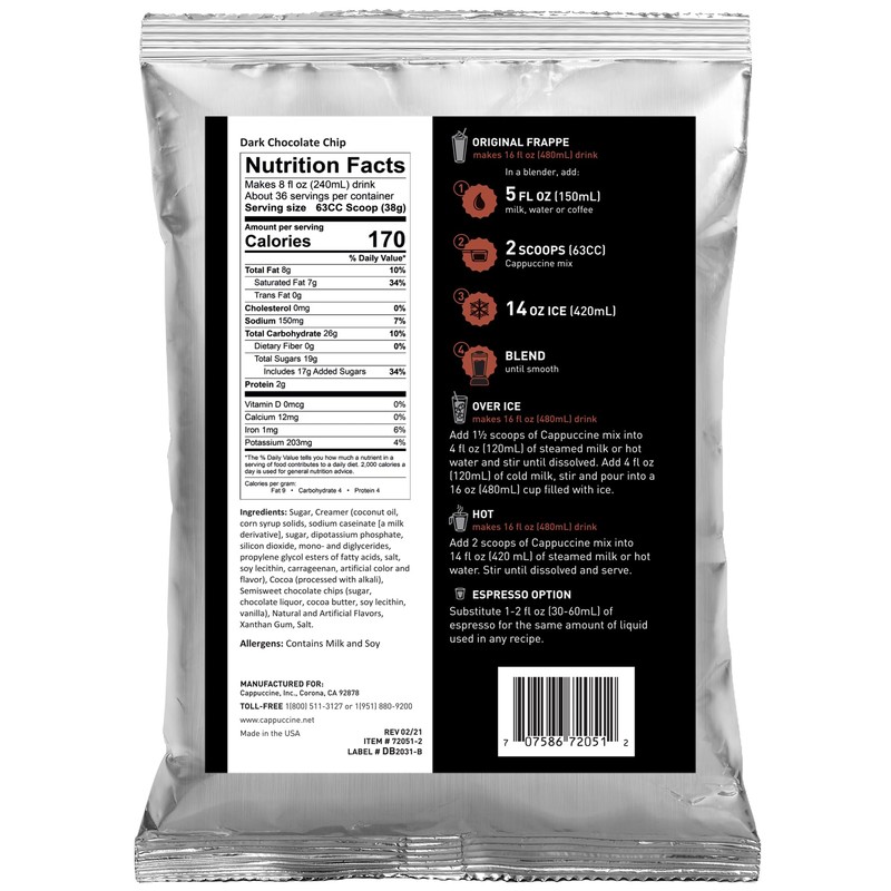 Cappuccine Dark Chocolate Chip Frappe Mix, 3 Pound (Pack of