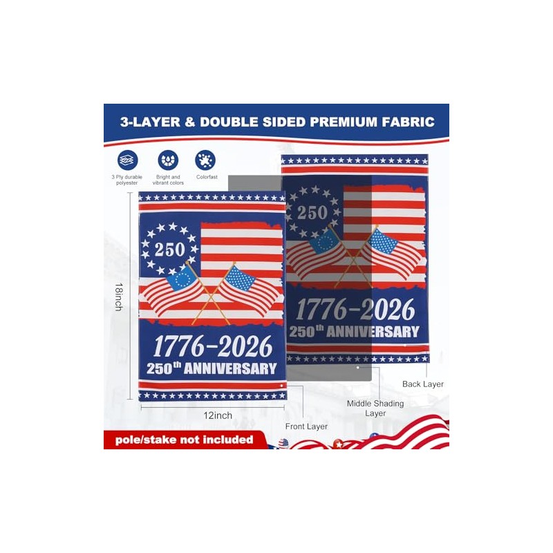 250th Anniversary USA Garden Flag - Double Sided Patriotic Decor