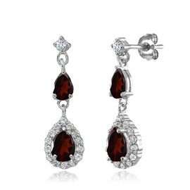 Sterling Silver Genuine, Created or Simulated Gemstone Fashion Teardrop Dangle Earrings for Women Girls, Sterling Silver, Garnet