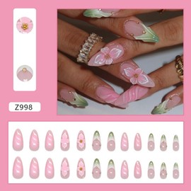 Flower French Almond shaped Fake Nail, Exquisite Flower Pressing Nail Design, Suitable for Girls' Nail Trimming, 24 Piece Set (A, Medium)