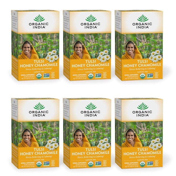 Organic India Tulsi Honey Chamomile Herbal Tea - Holy Basil, Stress Relieving & Calming, Immune Support, Adaptogen, Vegan, USDA Certified Organic, Caffeine-Free - 18 Infusion Bags, 6 Pack