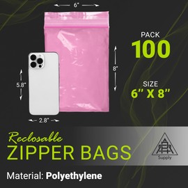 APQ Plastic Zipper Bags for Packaging 6 x 8, Pink Anti-Static Heavy Duty Resealable Plastic Bags 100 Pack, Reusable Zipper Bags for Packaging Products 4 Mil, Plastic Zipper Baggies for Small Business