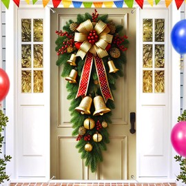 BlissYard Gold Bell Door Cover 71x35 Inch Christmas Banner for Front Door Outdoor Indoor Decorations Large Hanging Garland Backdrop with Red Berries Ribbon Pine Branches Jingle Bells Holiday Decor