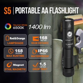 TUNENGE S5 1400 Lumens Mini Flashlight Rechargeable- Super Bright LED Pocket Light with Magnet & Clip, Red/Orange Diffuser,Small AA EDC Flashlight for Outdoor, Camping, Hiking, Emergency