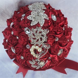 Flonding Wedding Bouquets Crystal Satin Rose Bride Bridal Bouquet Romantic Bridesmaid Holding Flower for Valentine's Day Confession Party Church Decor (Wine Red)