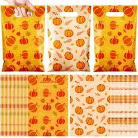 TaoBary 48 Pcs Plastic Fall Gift Bags Bulk 11.8" x 7.9" Autumn Candy Goodie Treat Bags with Maple Leaves Patterns for Fall Autumn Party Favor Supplies Decoration (Pumpkin)
