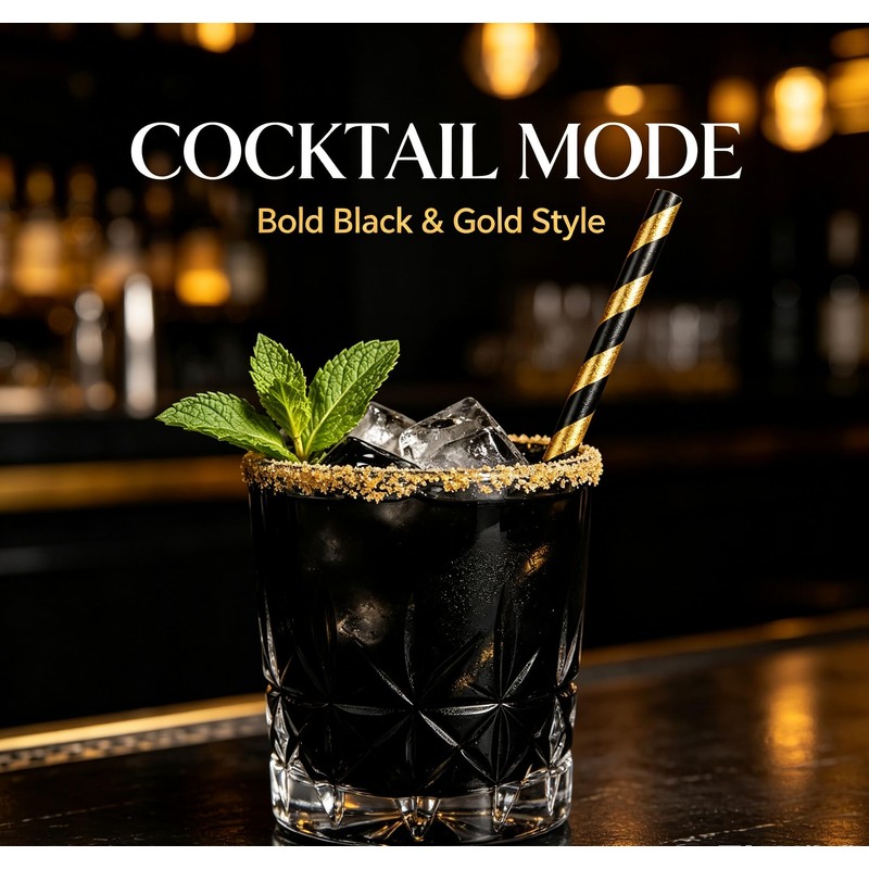 Paper Straws Biodegraddable (Black Gold Striped)
