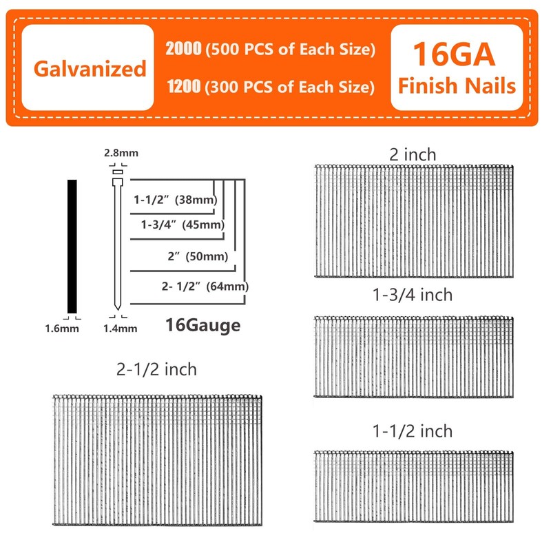 SITLDY Straight Finish Nails, 16 Gauge, 1200-Pack (1-1/2", 1-3/4", 2",