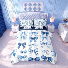 Erosebridal Kids Blue Bow Comforter Set with Sheets Twin Size Princess Bow Tie Girls Bed in A Bag Ultra Soft Butterfly Knot 7 Pieces Bed Set Bedroom Decor Fairy Tale Theme Girlish Room Decor