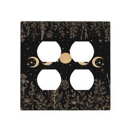 Yamxbfa Black Gold Wildflower Plant Moon Starry Sky Floral Botanical Outlet Covers 2-Gang Duplex Light Switch Covers Decorative Gfci Wall Plate Electrical Receptacle Switchplate Plug Faceplate Decor
