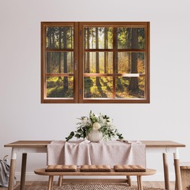 SIGNWIN Removable Wall Sticker/Wall Mural Window Autumn Forest with Golden Sun Rays Photography Realism Decorative Landscape Digital Art for Living Room, Bedroom, Office - 24"x32"