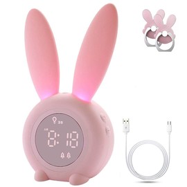 TopYart Alarm Clock, Digital Table Clock, Cute Rabbit Alarm, Vibration/Sound Sensor, Thermometer, USB Charging, Desktop Night Light, Elementary School Students, Girls, Gift Pink