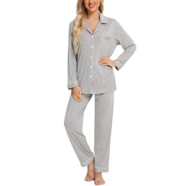 Samring Womens Pajamas Set Button Down Sleepwear Loungewear Light Grey S