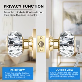 LOQRON Crystal Door Knobs with Lock and Keys with Privacy Lock, Luxurious Diamond Classic Interior Glass Door Knobs for Bedroom Bathroom Gold,1 Pack