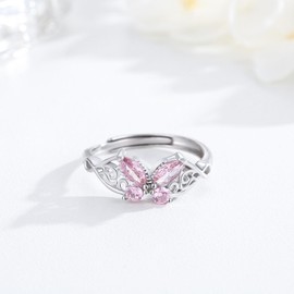 TANGPOET Butterfly Ring 925 Sterling Silver Pink Thumb Ring, Jewellery Gifts for Women Girls Ladies