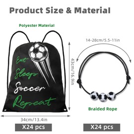 Cheelyvin.H 48 Pcs Soccer Party Favors, 24 Pcs Soccer Bags & 24 Pcs Soccer Bracelets, Lightweight Draw String Bags Pack Bulk and Adjustable Braided Soccer Charm Bracelets for Boys Girls Youth Adults