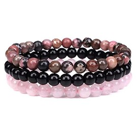 Azusa Sun 3Pcs 8mm Semi-Precious Gemstones Beaded Bracelets Healing Crystal Stone Bracelet for Women Men Stretch Round Beaded Bracelets Unisex Jewelry Gifts - Pink