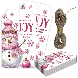 Christmas Gift Tags with String, Pink Snowman Merry Christmas Tags, 2 x 3.5 Inch Writable Hanging Labels, Celebrating Party Supplies for Gift Wrapping, Xmas Tree, DIY Craft, Home Decor(50Pcs)-B25