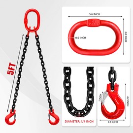 SENKEYFE 2 Ton Chain Sling 1/4 Inch x 5 Ft Lifting Chains 2 Legs Industrial Grab Hooks 4400LBS Capacity Lifting Slings G80 Alloy Steel Engine Chain Hoist Lifts for Cargo Security Towing and Handling