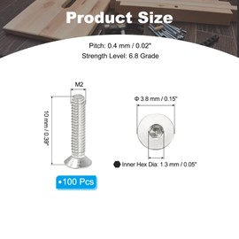 PATIKIL M2 x 10mm Flat Head Socket Cap Screws, 100 Pack 304 Stainless Steel 18-8 Machine Screws Flat Countersunk Bolts Hex Socket Drive Fasteners Grade 6.8