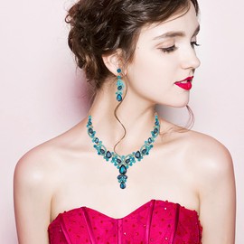 Women's Elegant Rhinestone Teardrop Crystal Bridal Art Deco Necklace Earrings Bracelet Jewelry Set for Bride Wedding Dress Accessories Rhinestone (lake blue crystal-gold tone)