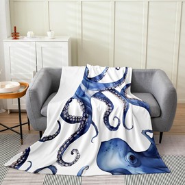 Octopus Throw Blanket Throw 50x60 Watercolor Blue Wild Sealife Decor Flannel Blanket for Kids Teens Adults Coastal Creature Print Ocean Theme Bed Blanket for Office Chairs