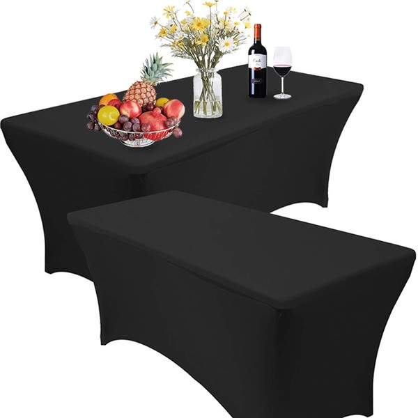 RELIANCER 4 Pack 4FT Rectangular Spandex Table Cover Four-Way Tight Fitted Stretch Tablecloth Table Cloth for Outdoor Party DJ Tradeshow Banquet Vendor Wedding Celebration (4PC 4FT, Black)