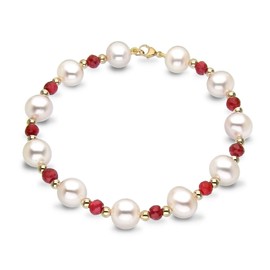 Strand Bracelet with 8-8.5MM White Freshwater Cultured Pearl and 4mm Red Ruby in 14K Yellow Gold