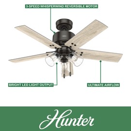 Hunter Fan 44 inch Noble Bronze Indoor Ceiling Fan with LED Light Kit and Pull Chain for Bedroom, Living Room/Family Room, Office, Basement, Kitchen, Dining Room (Renewed)