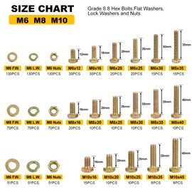 1004Pcs Grade 8.8 Metric Bolts Assortment, Hex Heavy Duty Bolts and Nuts Set, M6 M8 M10 (12mm to 45mm), Comes with 3 Bits（Yellow Zinc Plated）