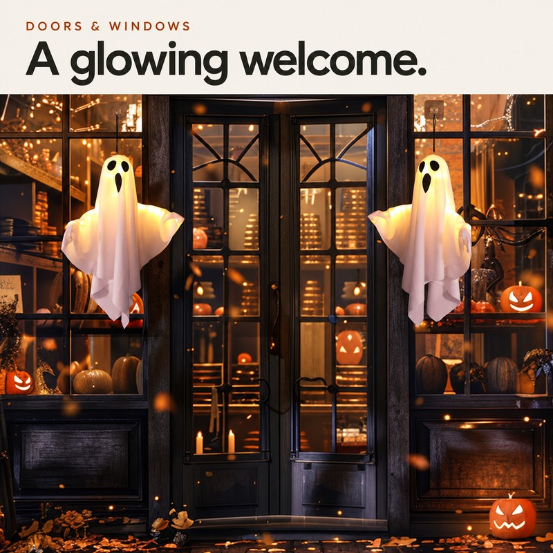 2-Pack Light-Up Hanging Ghost Decorations for Halloween – Warm LED