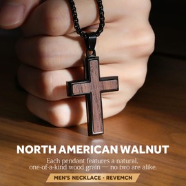 REVEMCN Wooden Cross Necklace for Men Boys - Black Walnut & Stainless Steel Christian Wood Crucifix Pendant with 18-24" Rolo Chain, Inspirational Jewelry Graduation Birthday Gift for Teen Boy Son Dad (A - Black Walnut, 22+2)