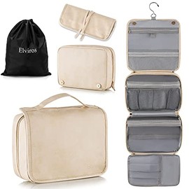 Elviros Toiletry Bag Hanging Travel Organizer for Men and Women, 3 in 1 Multifunctional Large Makeup Cosmetic Case for Toiletries Accessories, Water-resistant PU Leather Bathroom Dopp Kit Shaving Bag